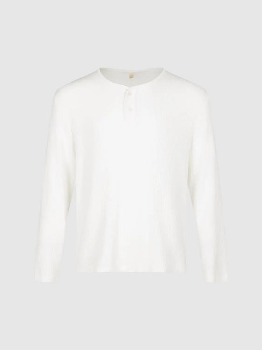 Thick Ribbed Crew Neck Long Sleeve Cotton Blend T-Shirt