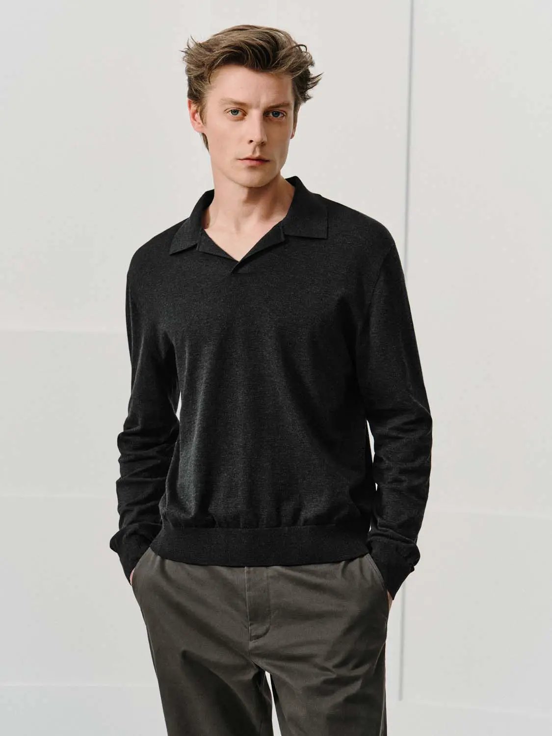 Polo Collar Long Sleeve Cotton Blend Knit Sweater