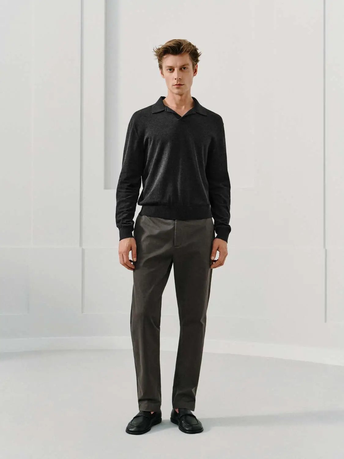 Polo Collar Long Sleeve Cotton Blend Knit Sweater
