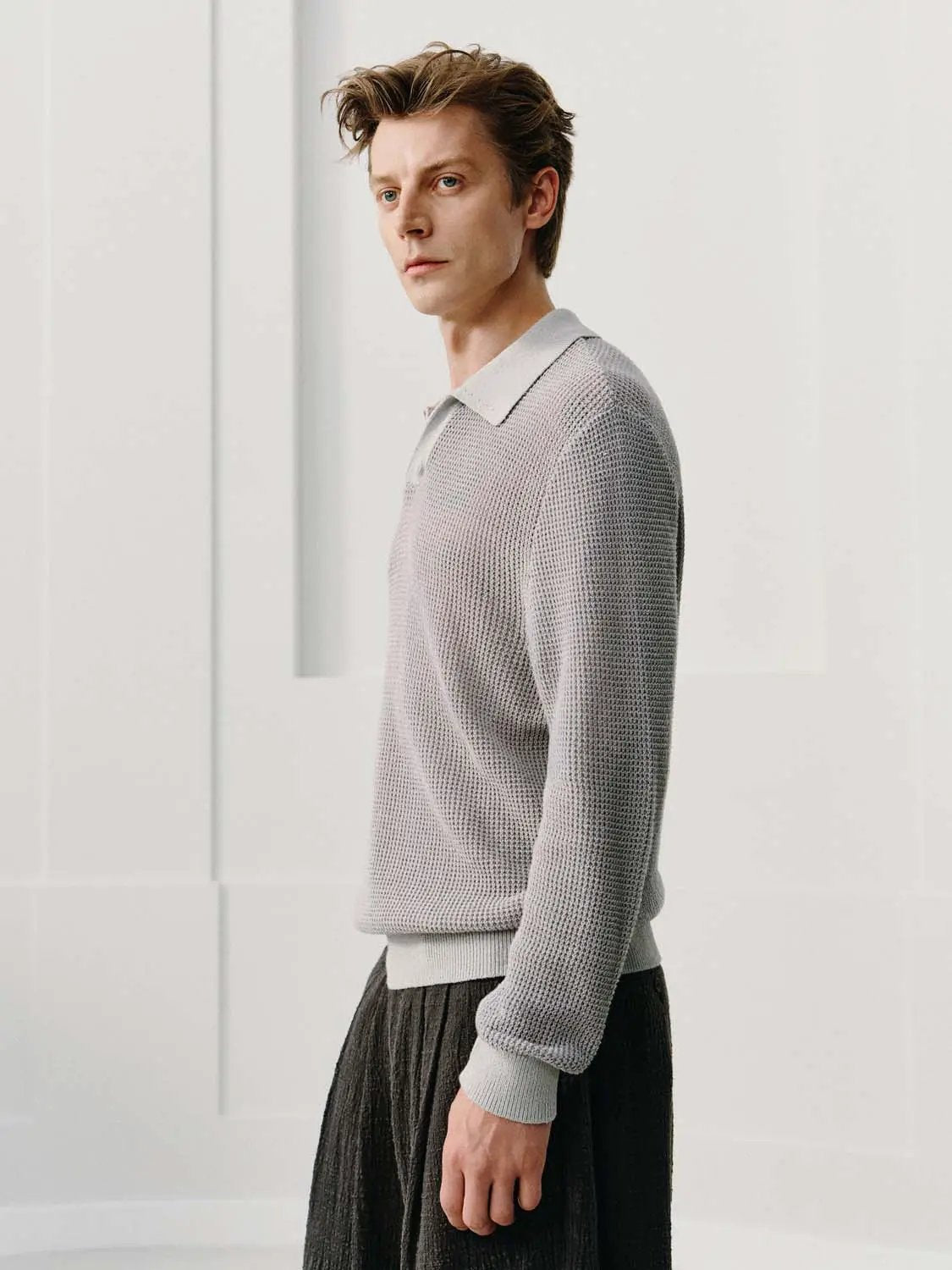 Textured Long Sleeve Shirt Collar Linen Blend Sweater