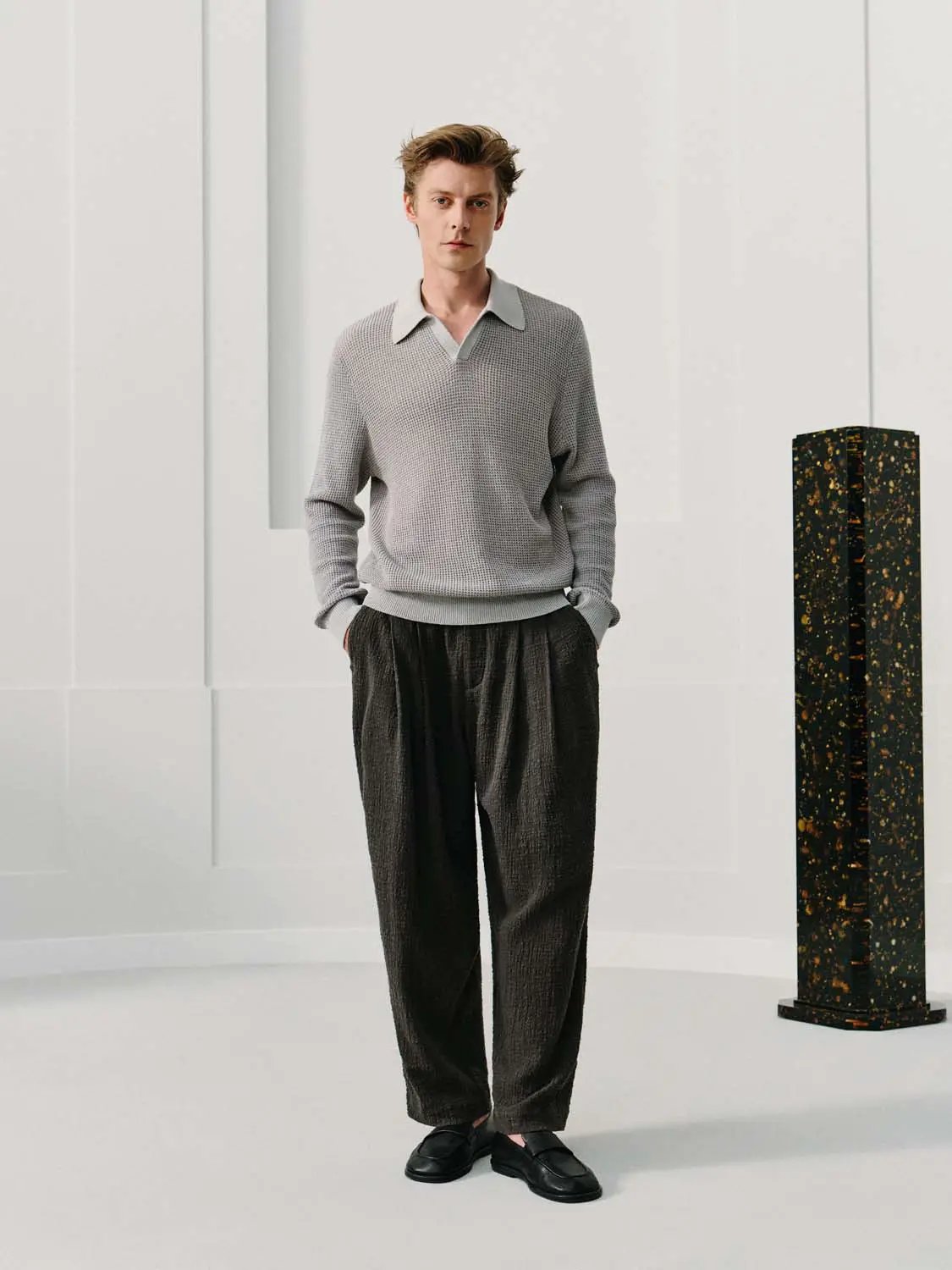 Textured Long Sleeve Shirt Collar Linen Blend Sweater