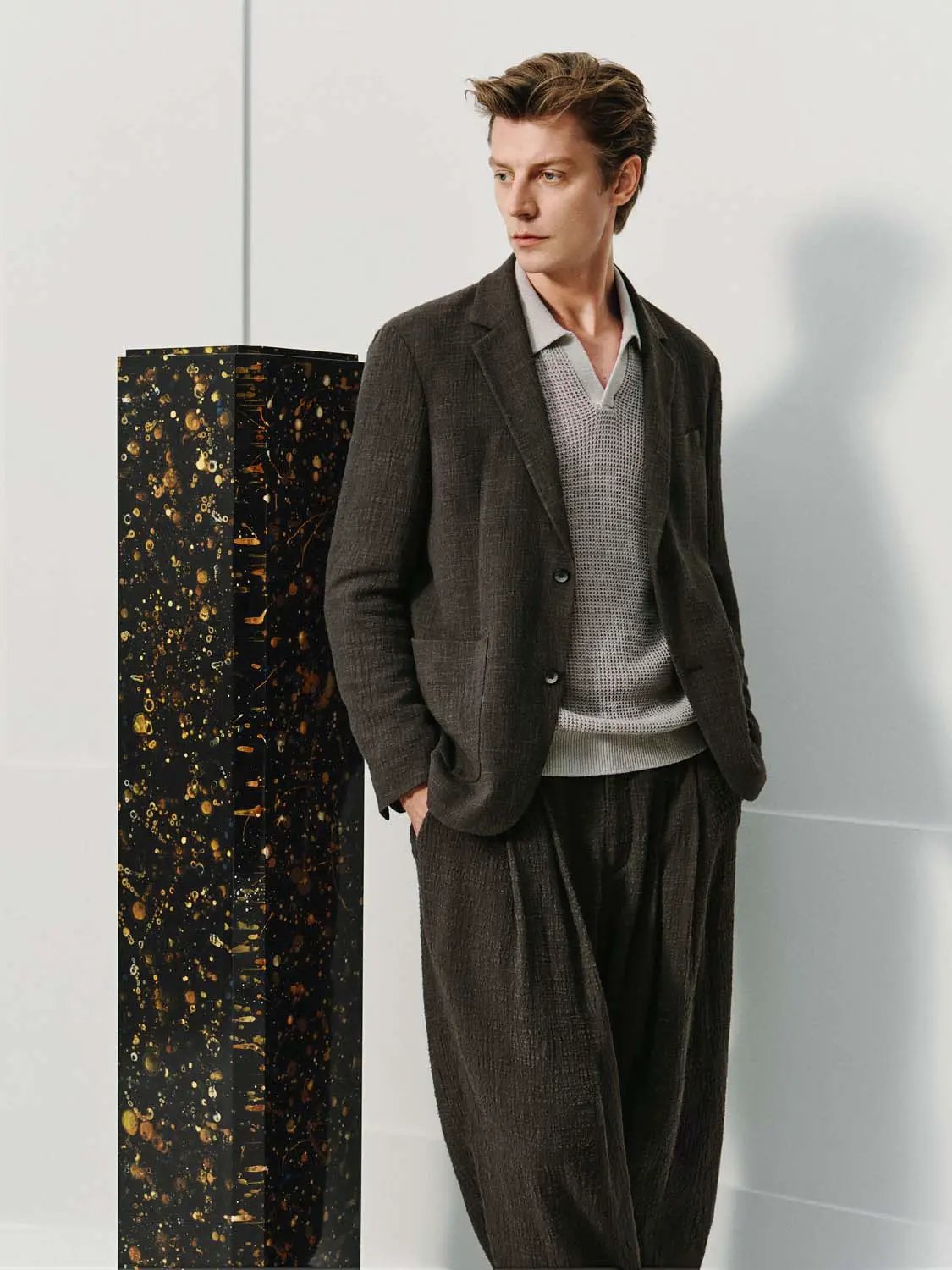 Textured Long Sleeve Shirt Collar Linen Blend Sweater
