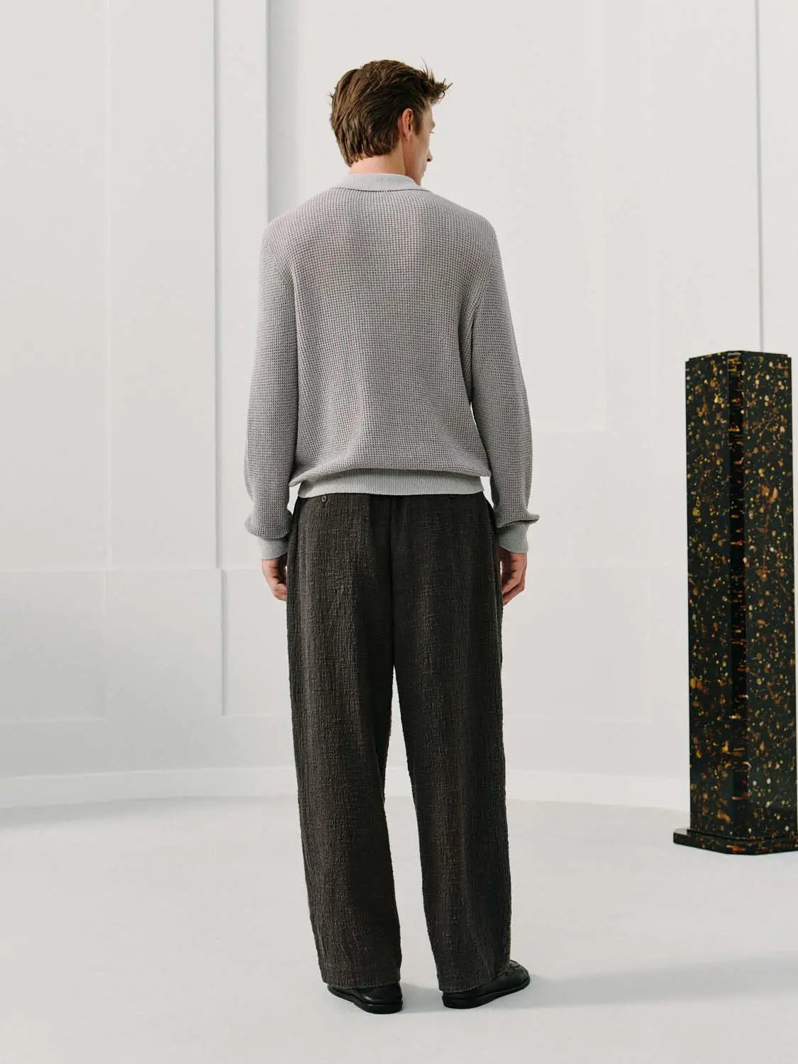 Textured Long Sleeve Shirt Collar Linen Blend Sweater