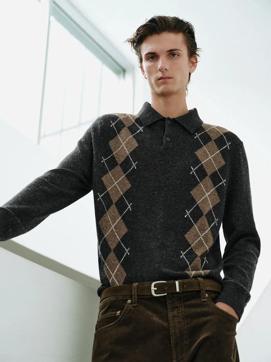 Argyle Long Sleeve Polo Collar Knit Sweater