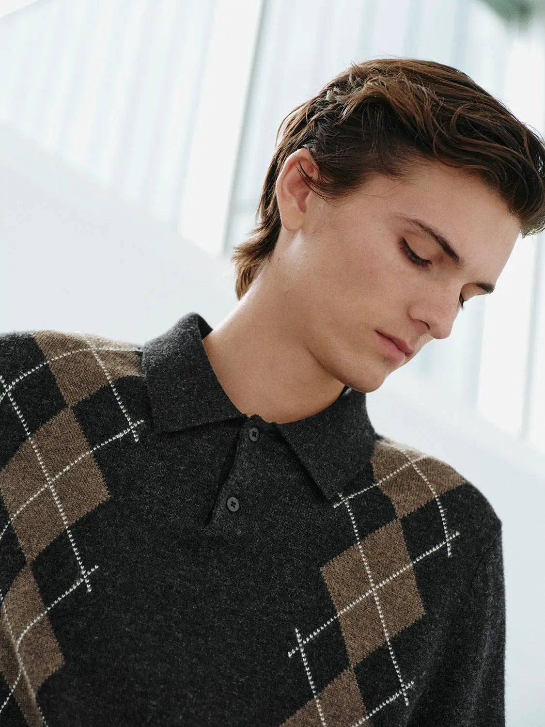 Argyle Long Sleeve Polo Collar Knit Sweater