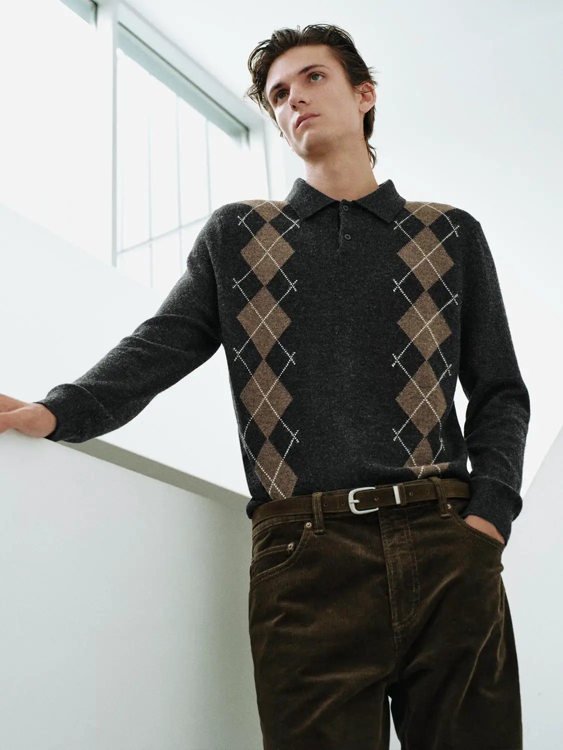 Argyle Long Sleeve Polo Collar Knit Sweater