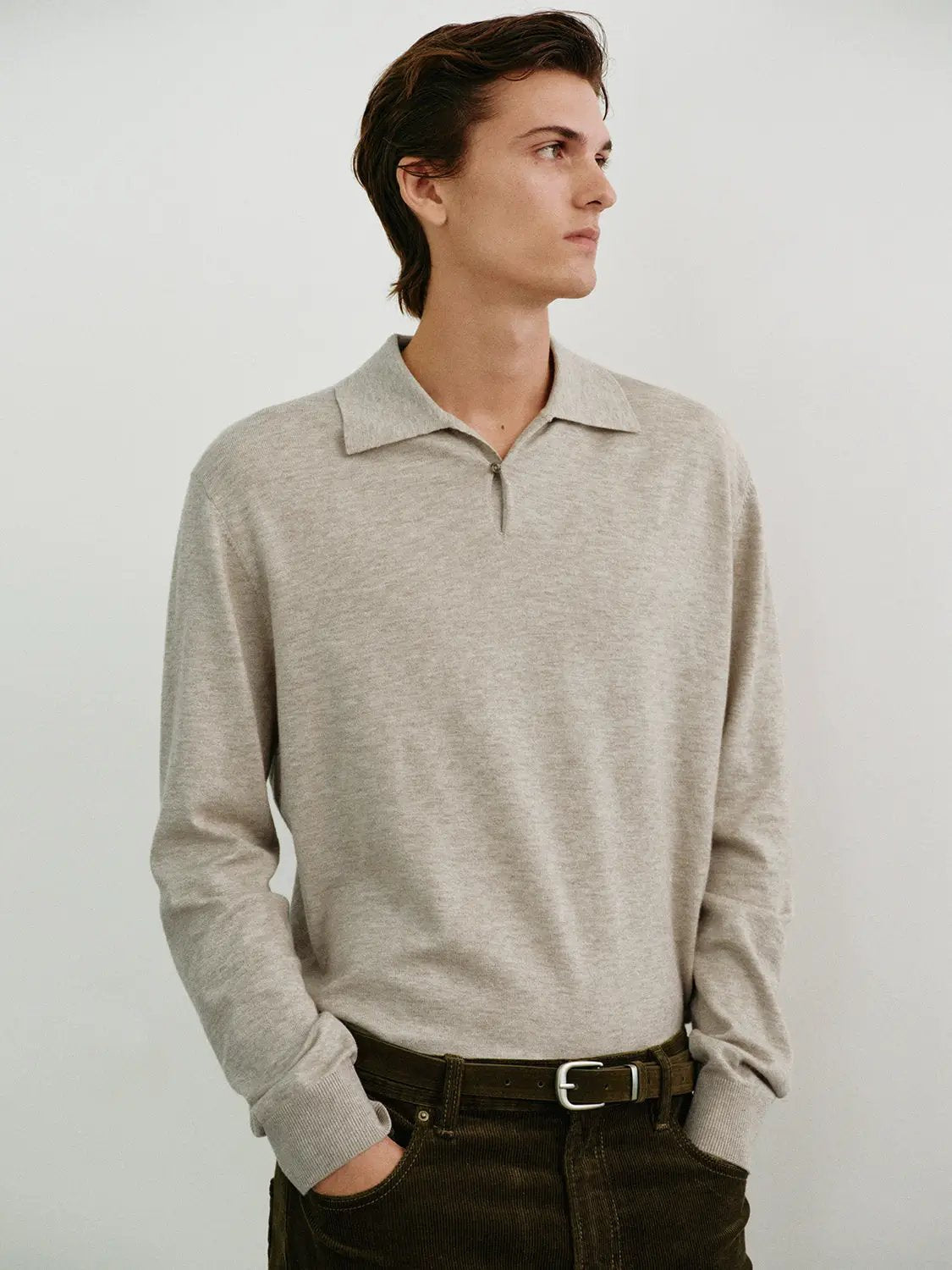 Heathered Ribbed Shirt Collar Long Sleeve Knit Sweater