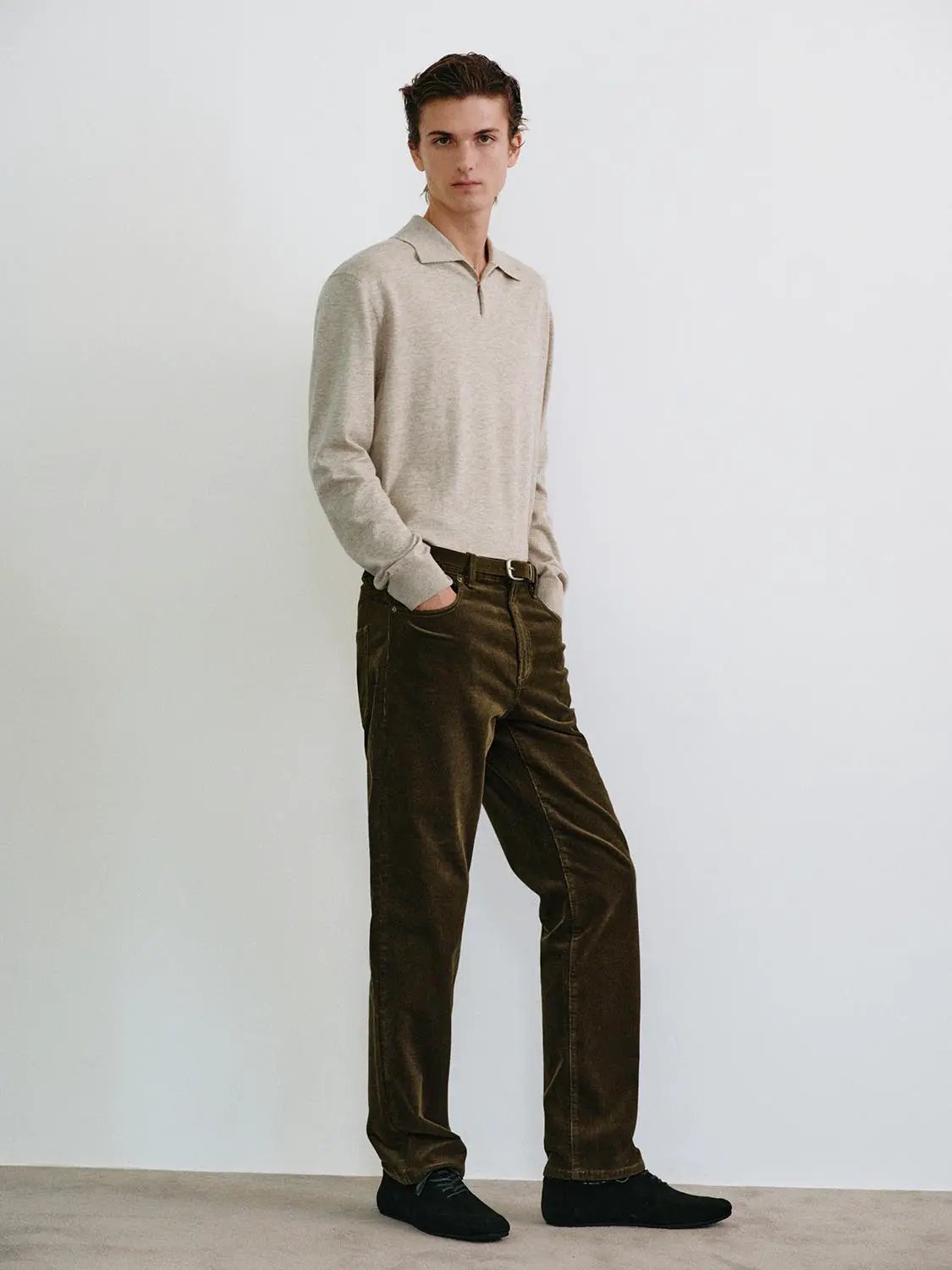 Heathered Ribbed Shirt Collar Long Sleeve Knit Sweater
