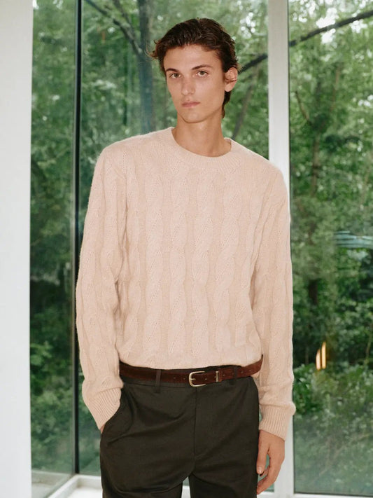 Cable Knit Crew Neck Long Sleeve Wool Blend Sweater