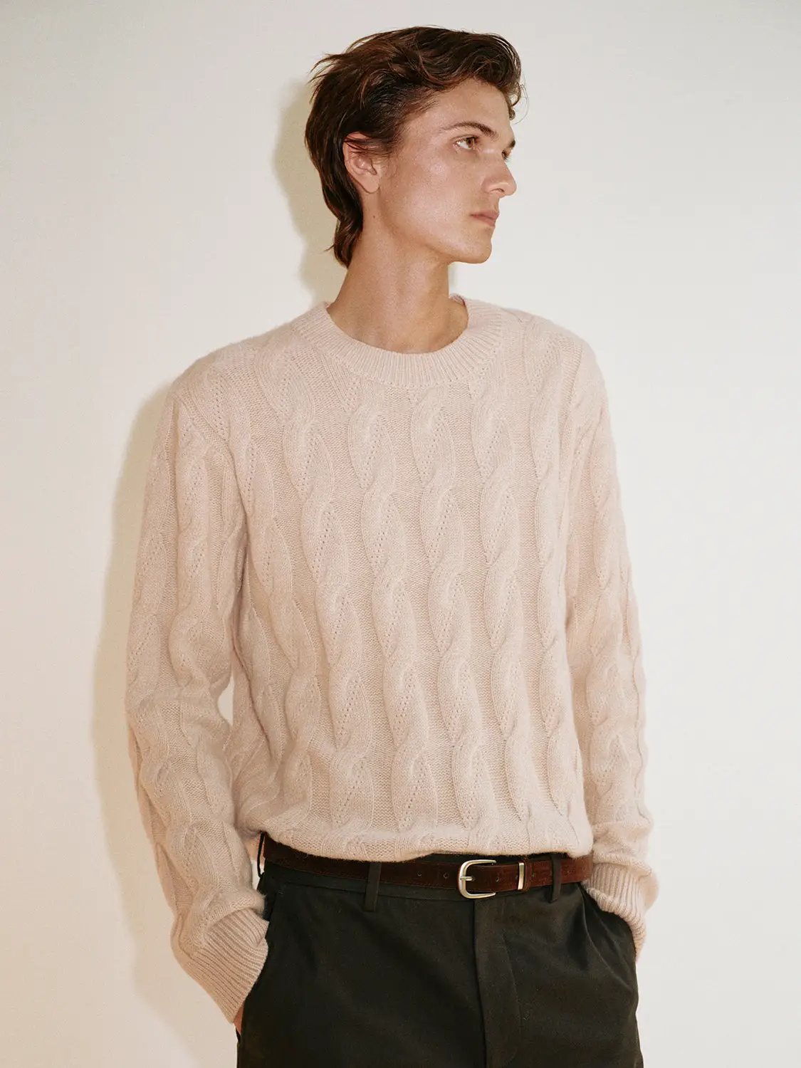 Cable Knit Crew Neck Long Sleeve Wool Blend Sweater