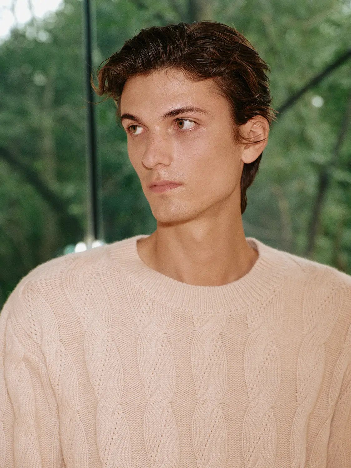 Cable Knit Crew Neck Long Sleeve Wool Blend Sweater