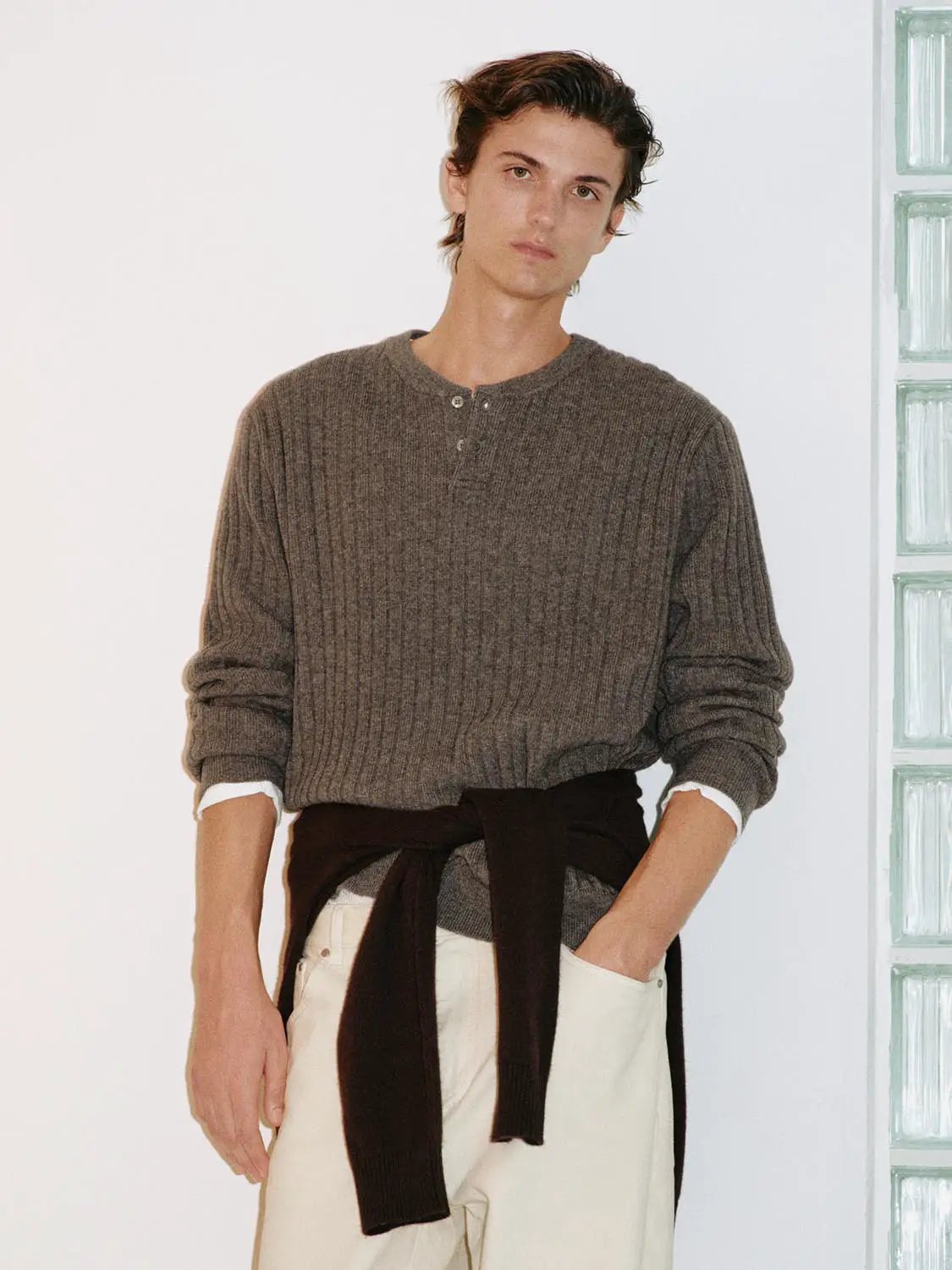 Ribbed Wool Blend Long Sleeve Crew Neck Pullover