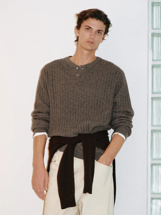 Ribbed Wool Blend Long Sleeve Crew Neck Pullover