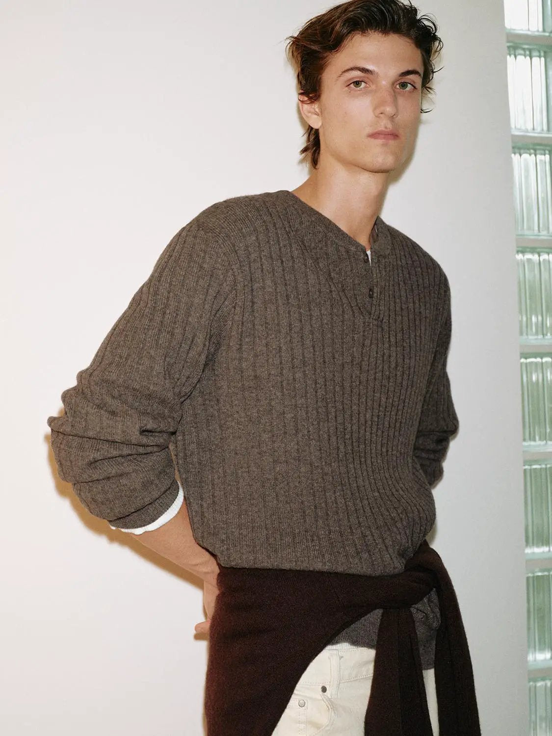 Ribbed Wool Blend Long Sleeve Crew Neck Pullover