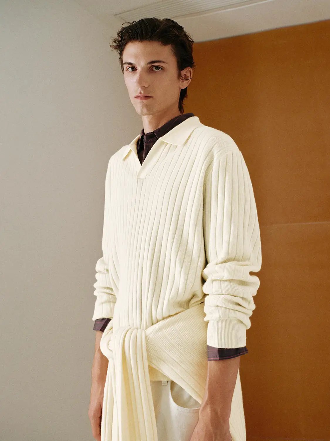 Ribbed Polo Collar Long Sleeve Knit Sweater