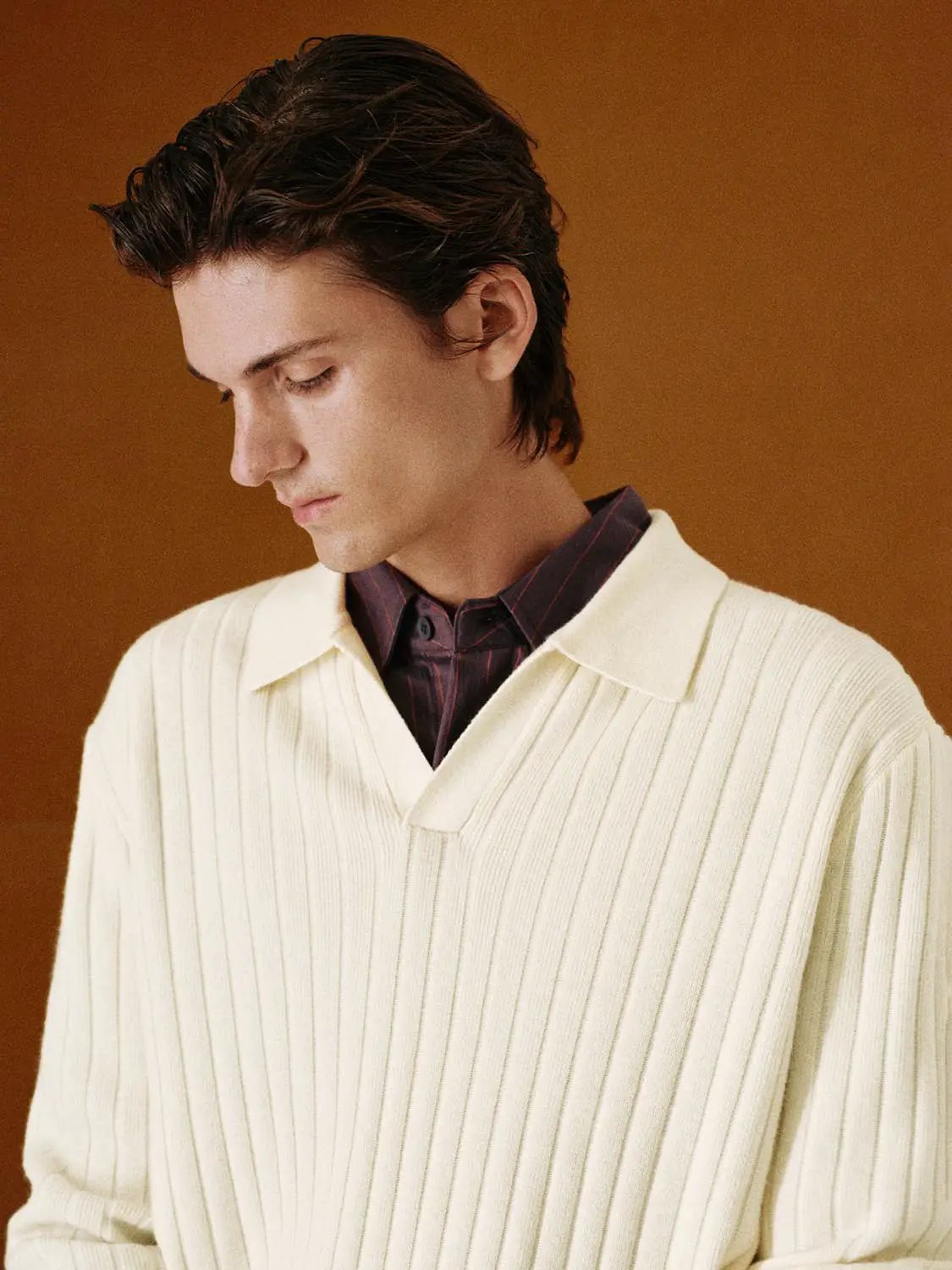 Ribbed Polo Collar Long Sleeve Knit Sweater