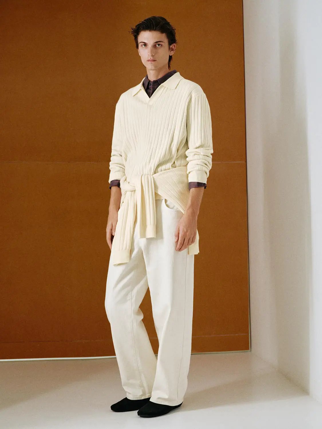 Ribbed Polo Collar Long Sleeve Knit Sweater
