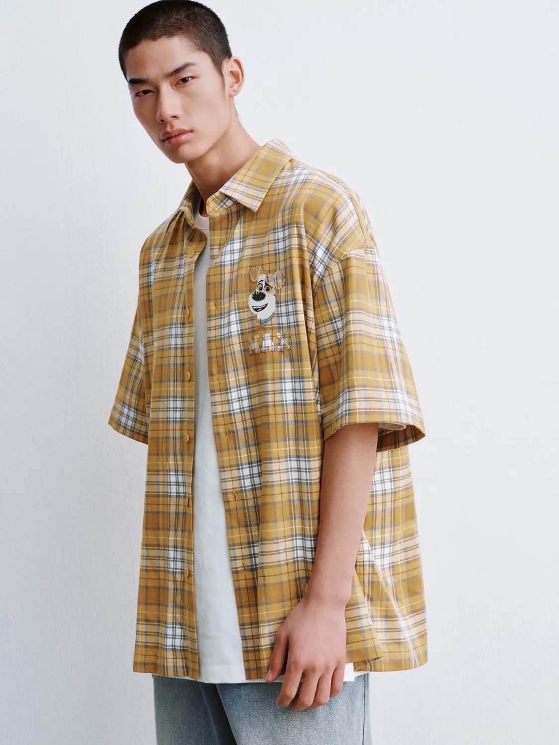 Lapel Collar Cartoon Check Print Cotton Short Sleeve Shirt
