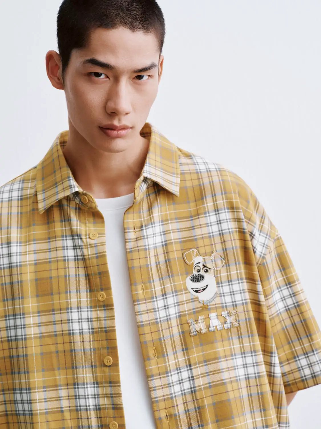 Lapel Collar Cartoon Check Print Cotton Short Sleeve Shirt