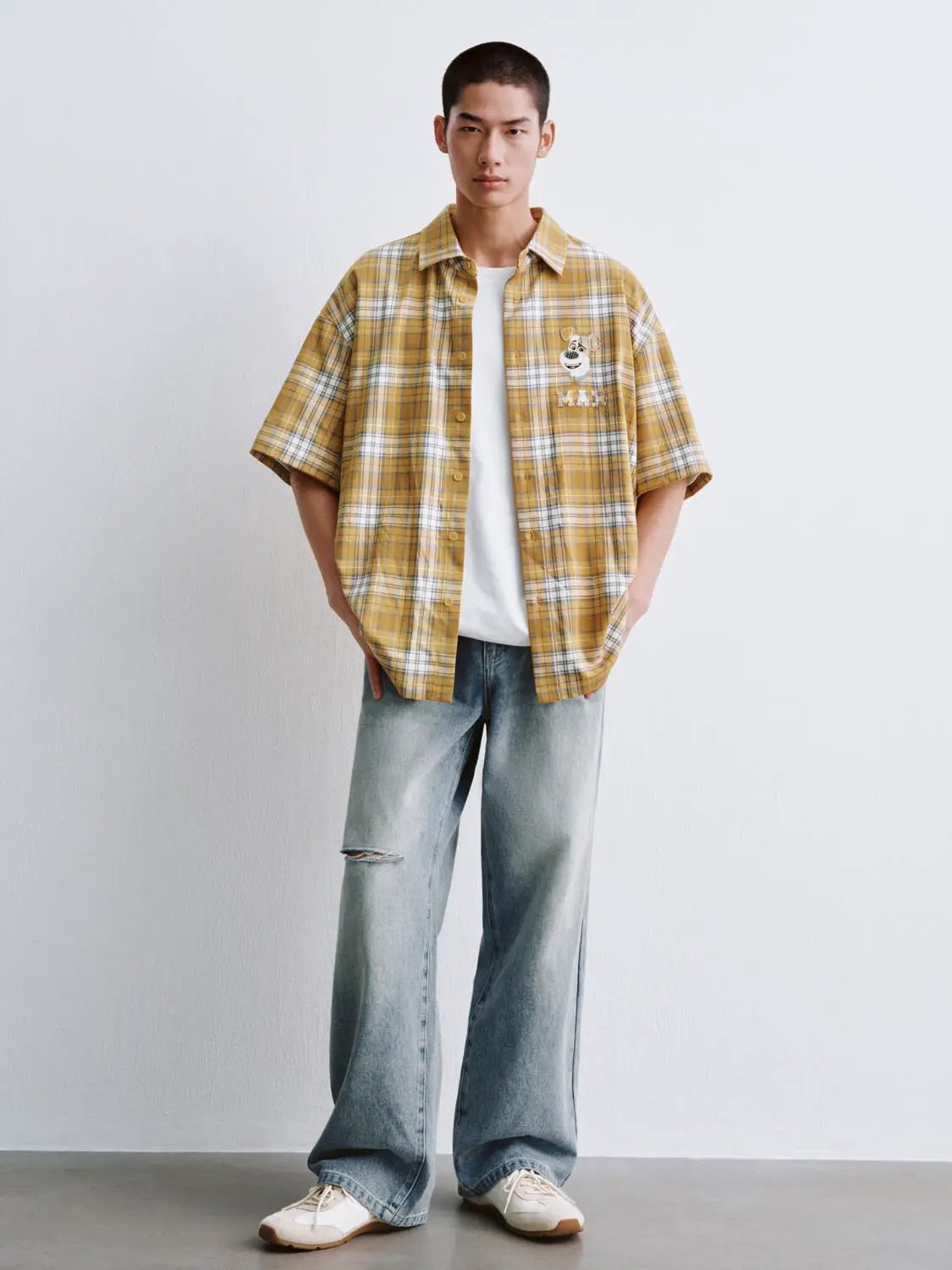 Lapel Collar Cartoon Check Print Cotton Short Sleeve Shirt