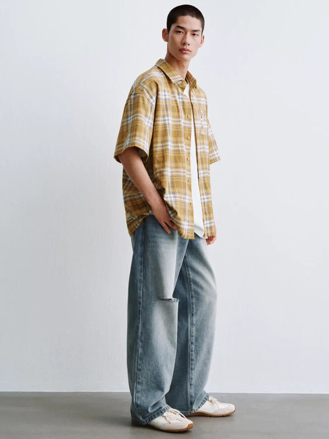 Lapel Collar Cartoon Check Print Cotton Short Sleeve Shirt