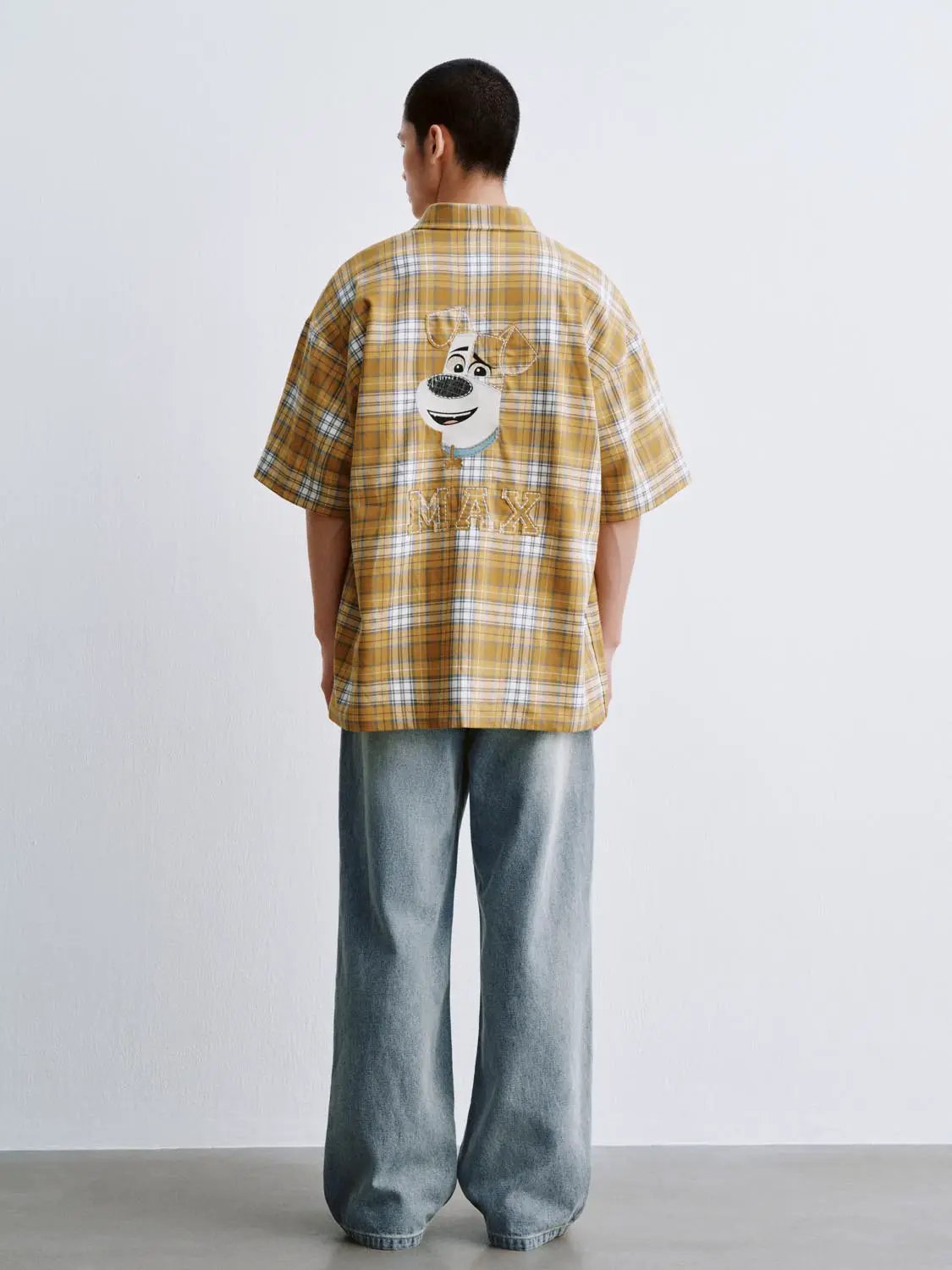 Lapel Collar Cartoon Check Print Cotton Short Sleeve Shirt