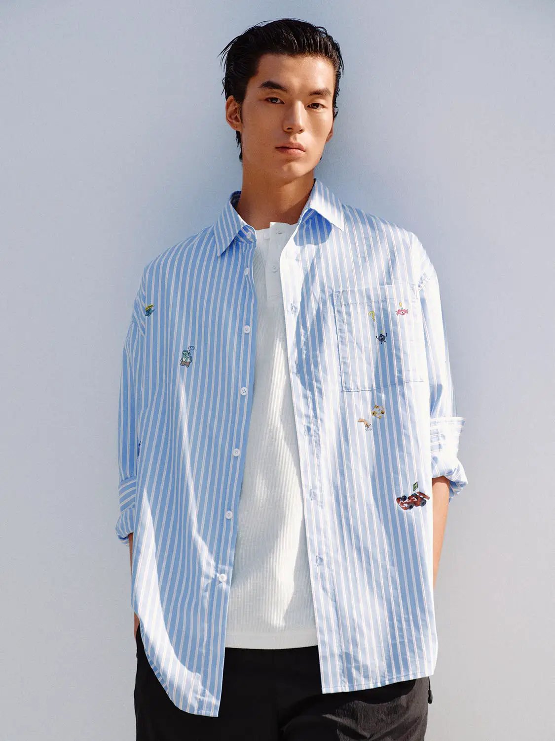 Vertical Striped Embroidered Cotton Shirt