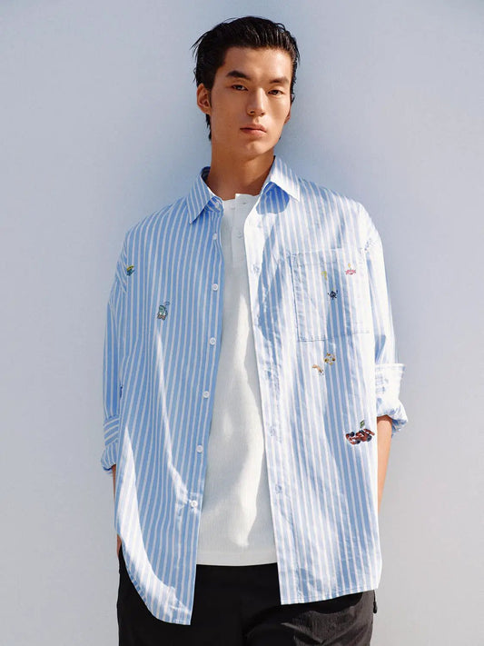 Vertical Striped Embroidered Cotton Shirt
