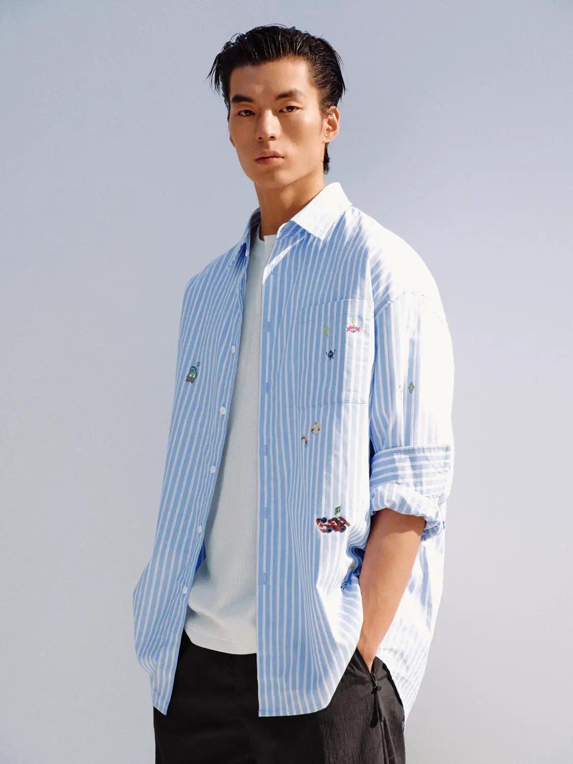 Vertical Striped Embroidered Cotton Shirt