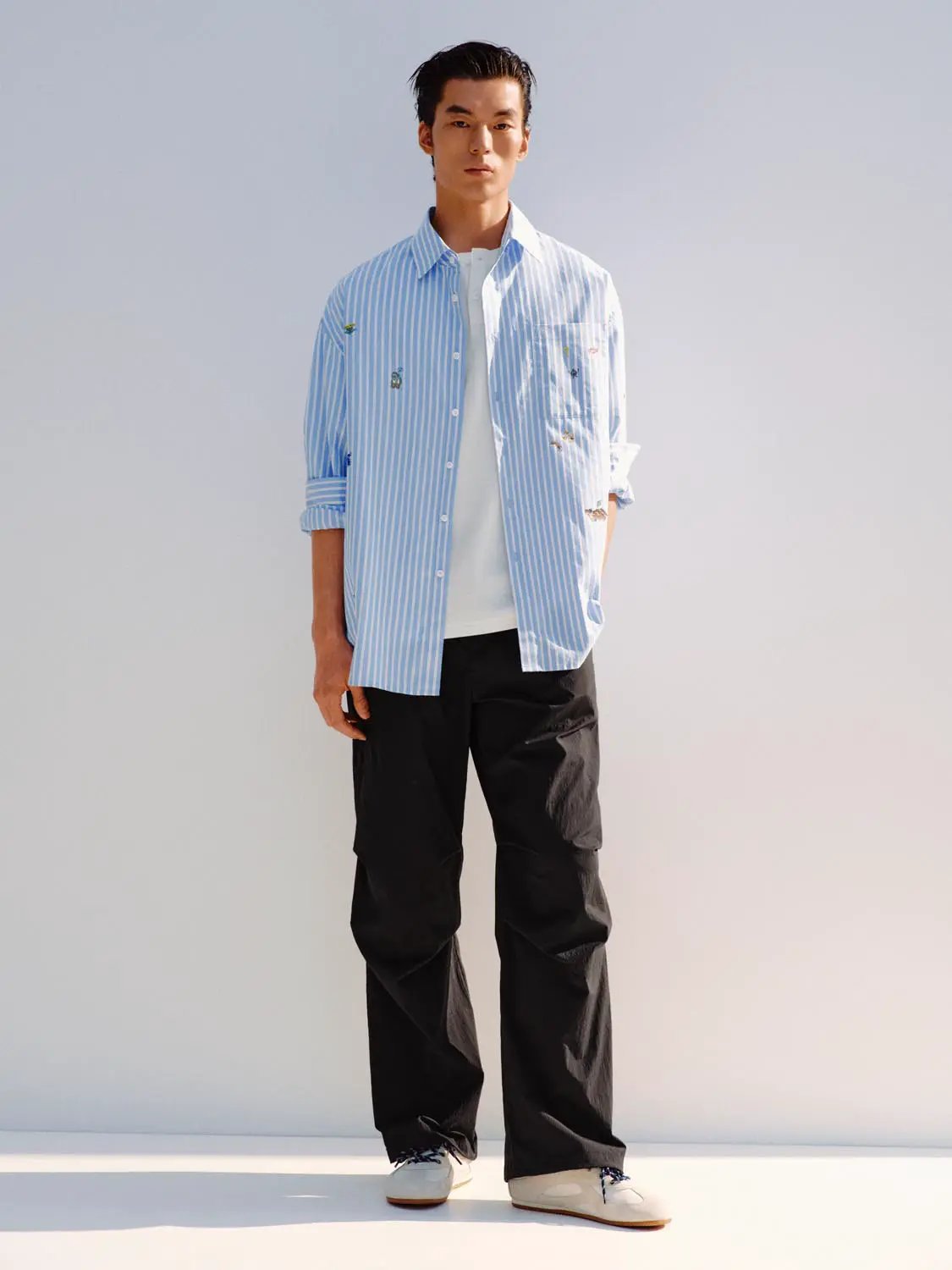 Vertical Striped Embroidered Cotton Shirt