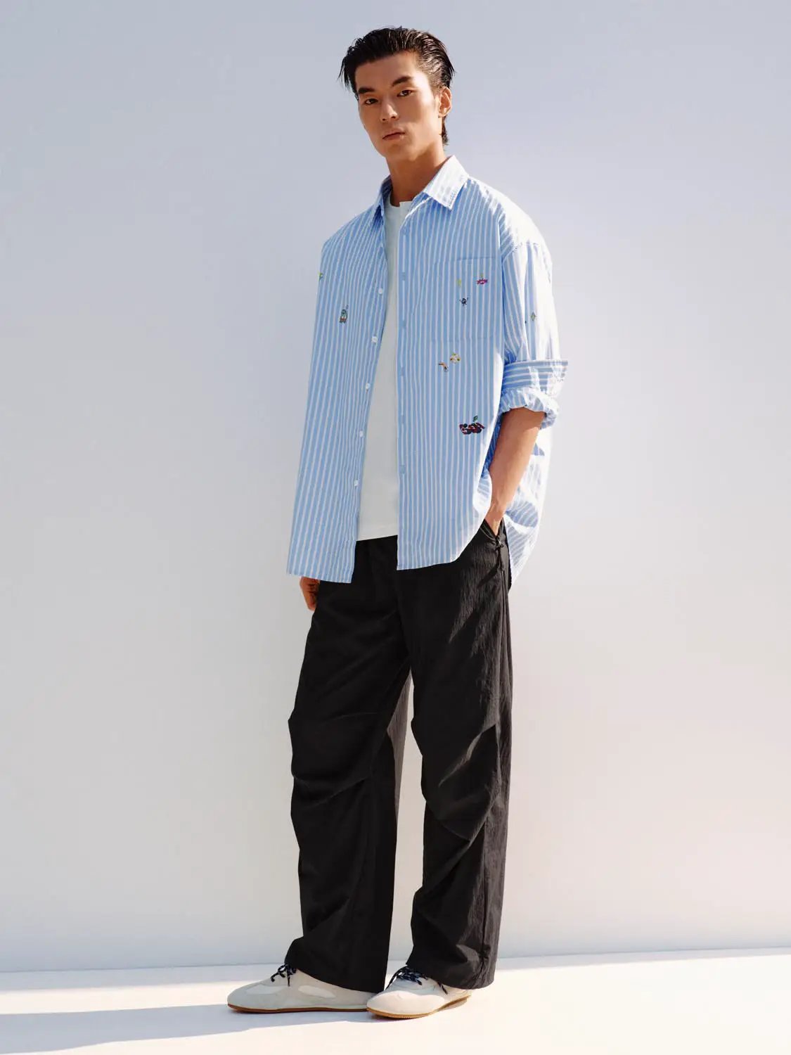 Vertical Striped Embroidered Cotton Shirt