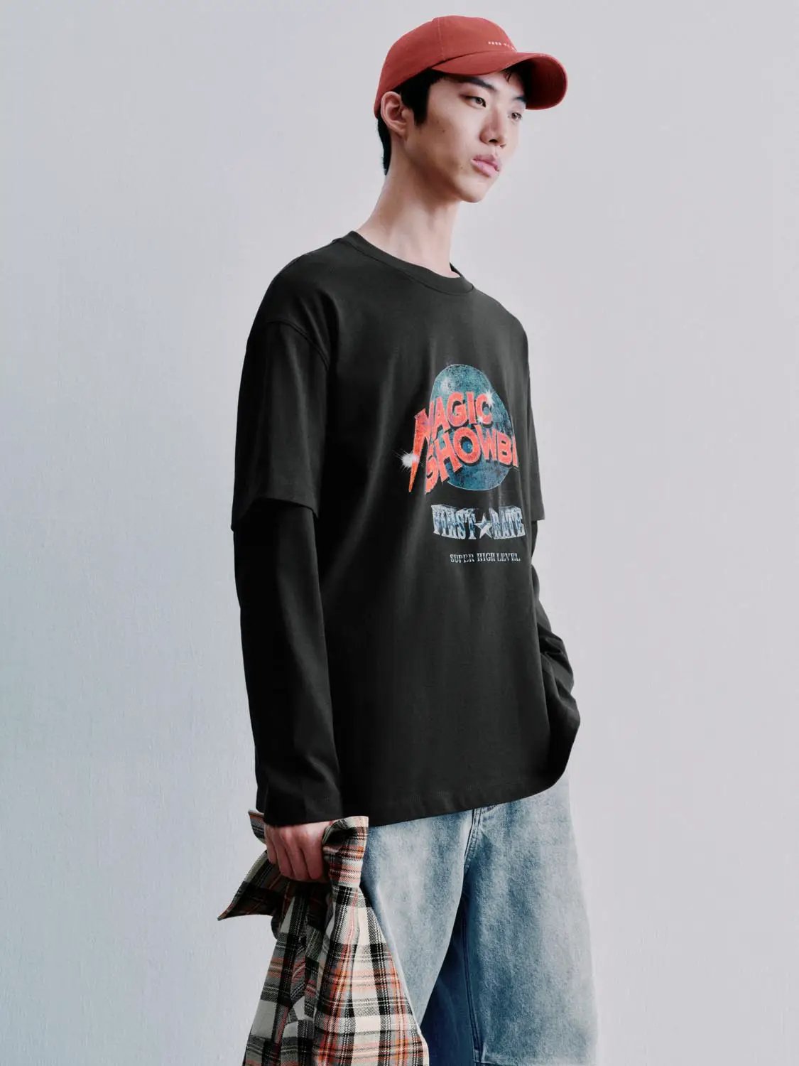 Oversized Graphic Print Layered Sleeve Cotton T-Shirt