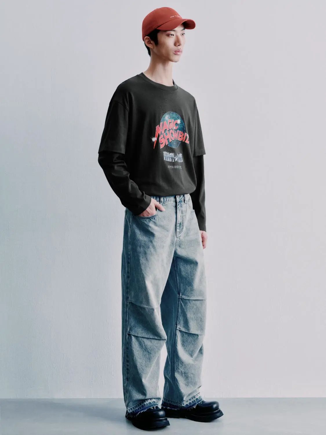 Oversized Graphic Print Layered Sleeve Cotton T-Shirt