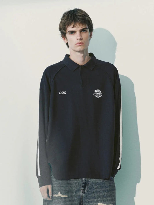 Striped Raglan Long Sleeve Cotton Blend Polo Shirt