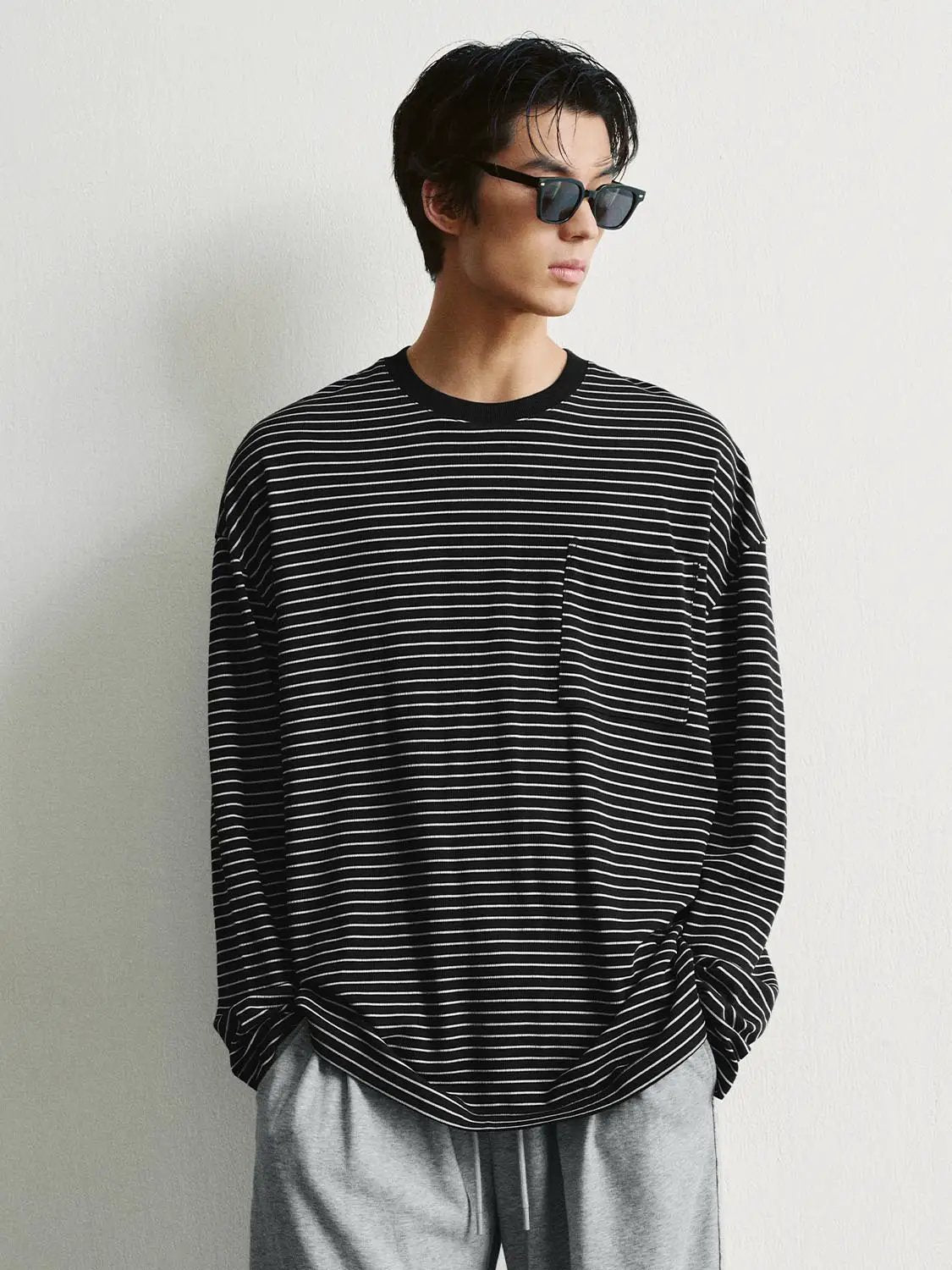 Chest Pocket Striped Oversized Crew Neck Long Sleeve T-Shirt