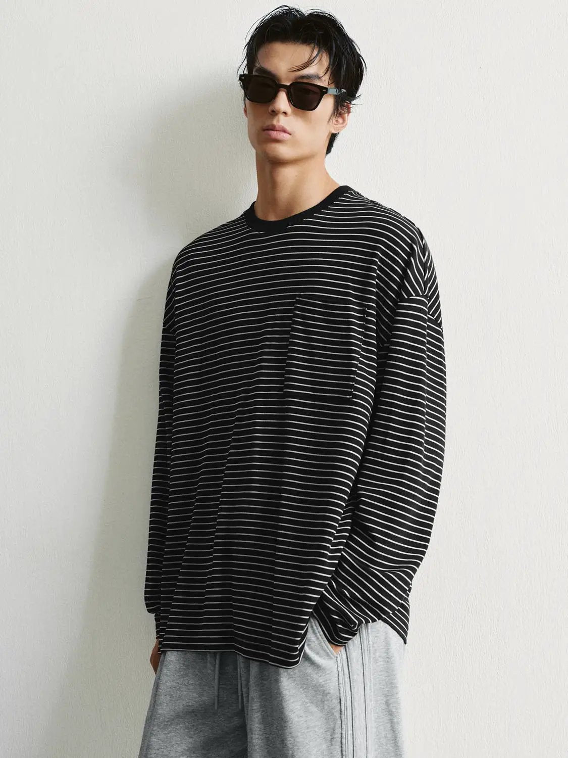 Chest Pocket Striped Oversized Crew Neck Long Sleeve T-Shirt