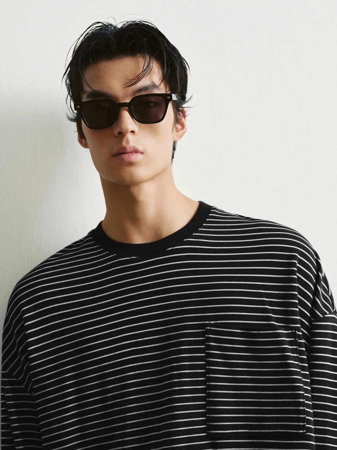 Chest Pocket Striped Oversized Crew Neck Long Sleeve T-Shirt