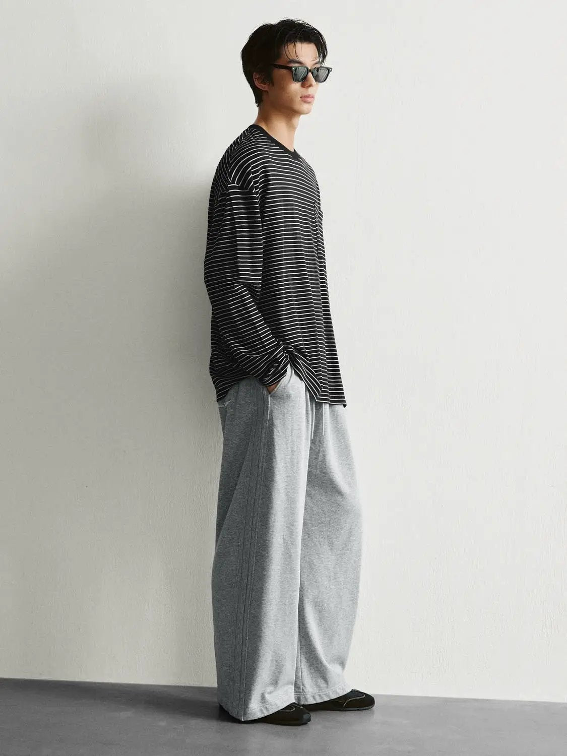 Chest Pocket Striped Oversized Crew Neck Long Sleeve T-Shirt