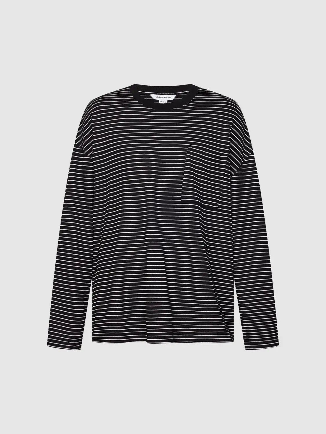 Chest Pocket Striped Oversized Crew Neck Long Sleeve T-Shirt