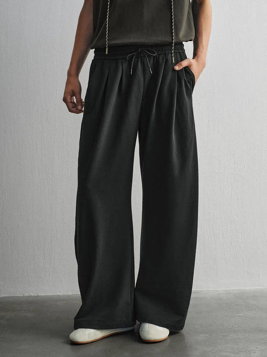 Drawstring Waist Cotton Blend Wide-leg Pants
