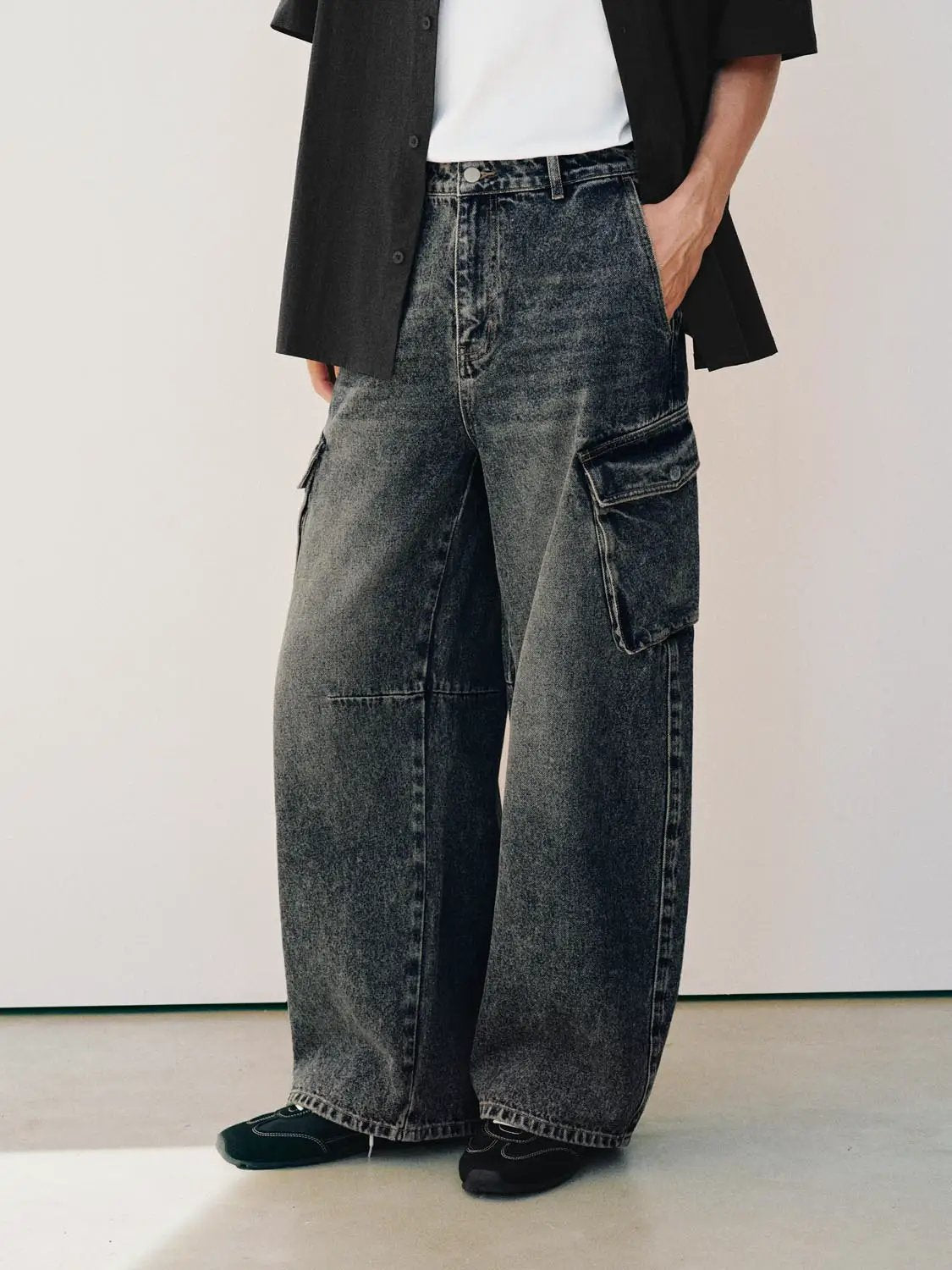 Distressed Relaxed Wide-leg Cargo Cotton Jeans