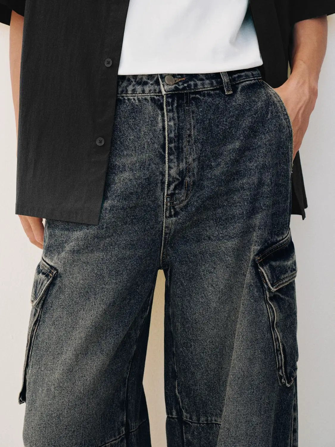 Distressed Relaxed Wide-leg Cargo Cotton Jeans