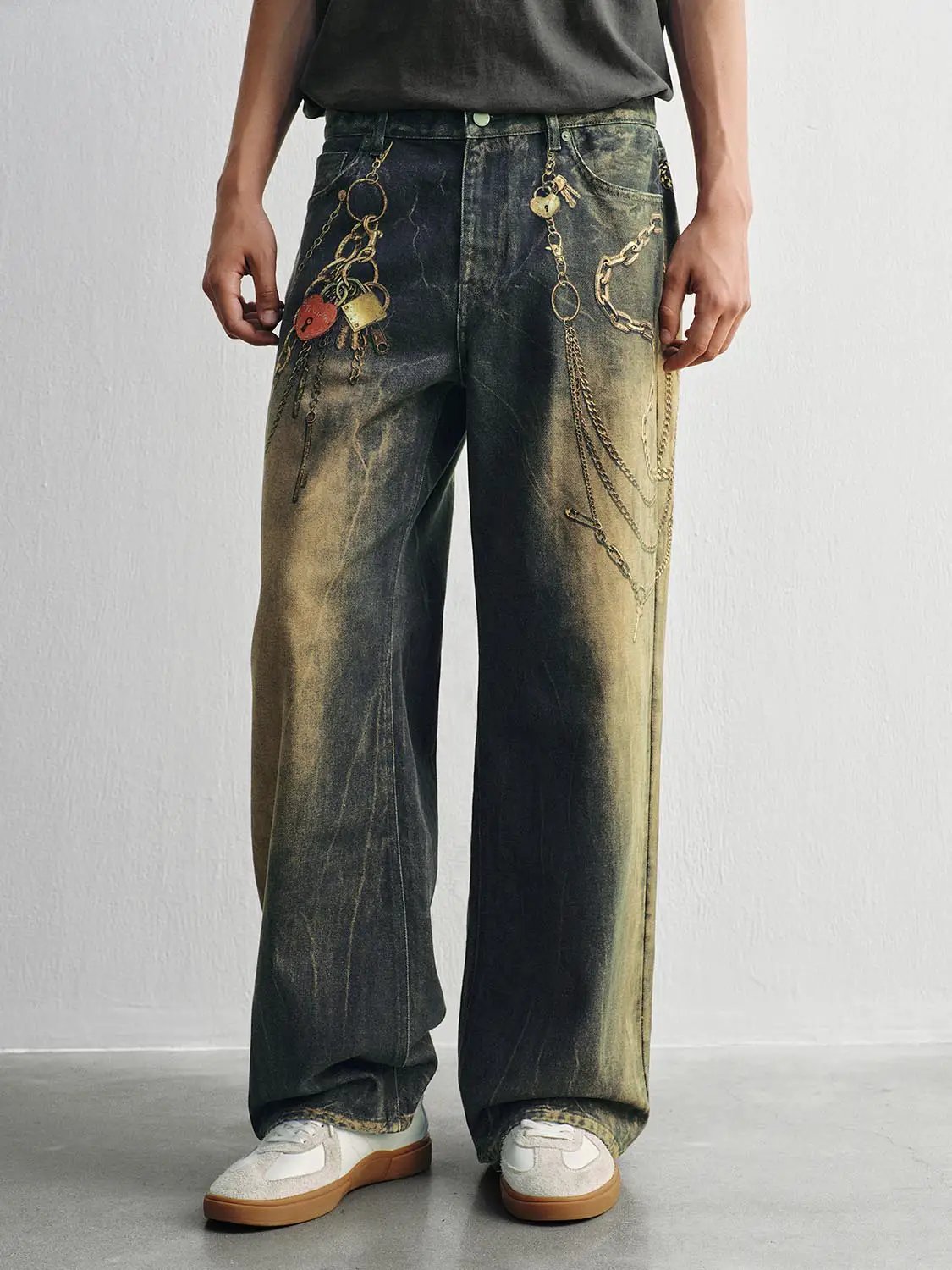 Chain Detail Gradient Wash Cotton Mid-rise Wide-leg Pants