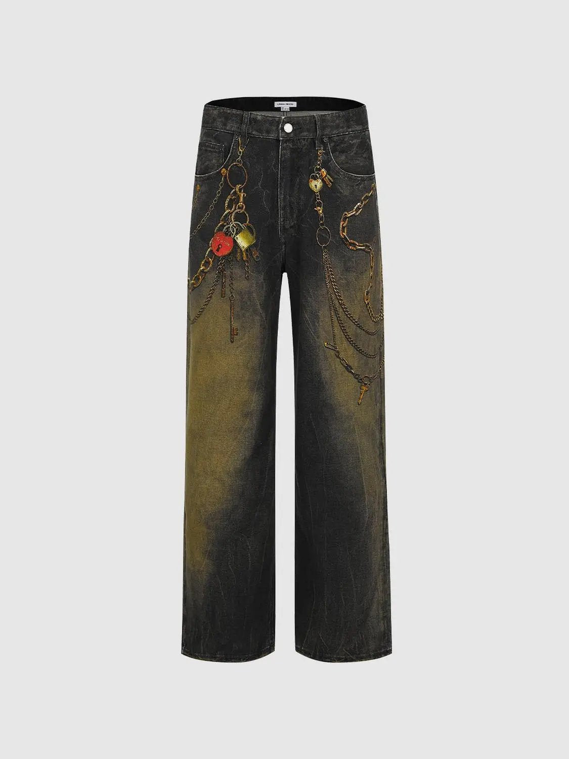 Chain Detail Gradient Wash Cotton Mid-rise Wide-leg Pants