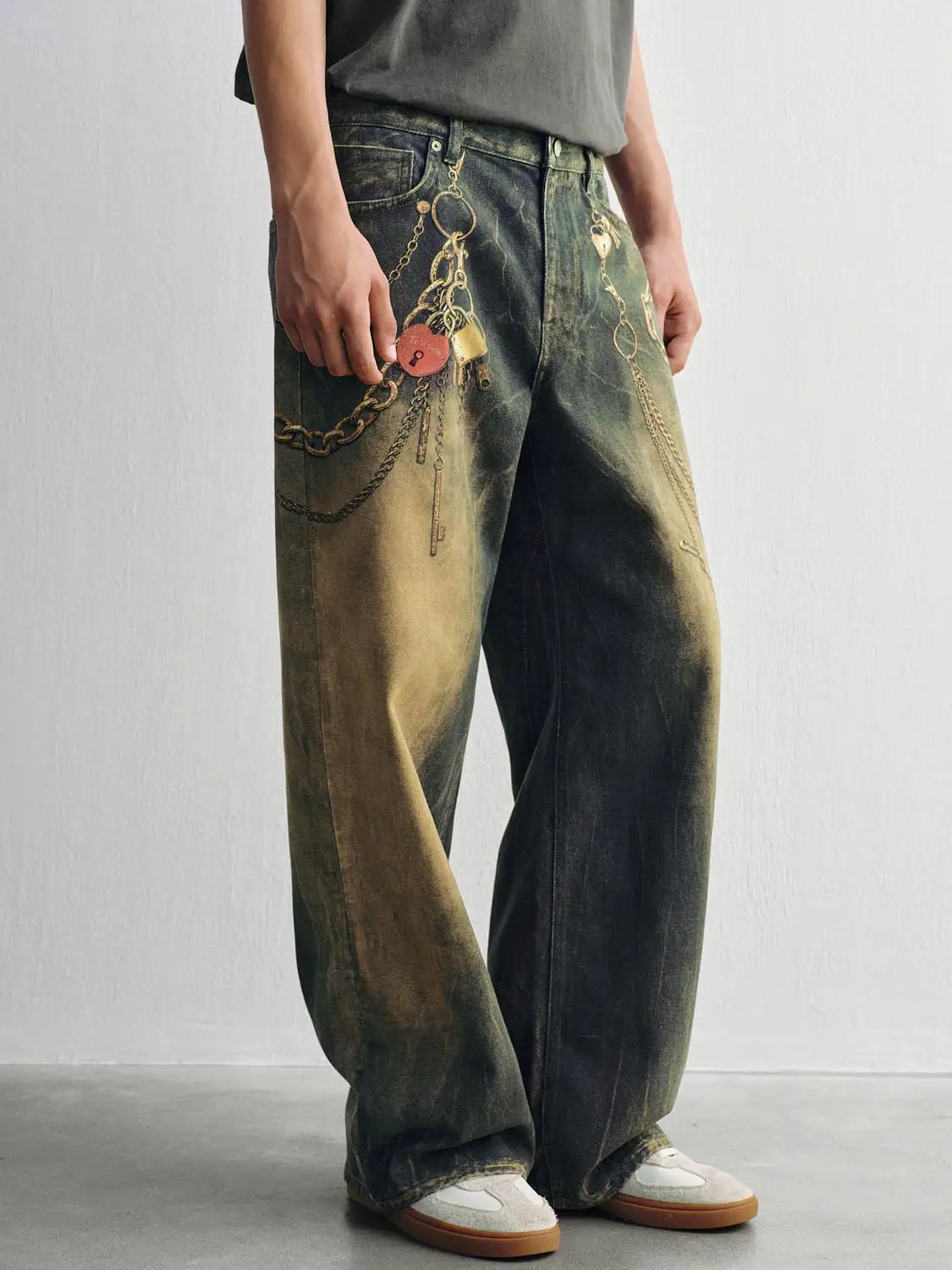Chain Detail Gradient Wash Cotton Mid-rise Wide-leg Pants