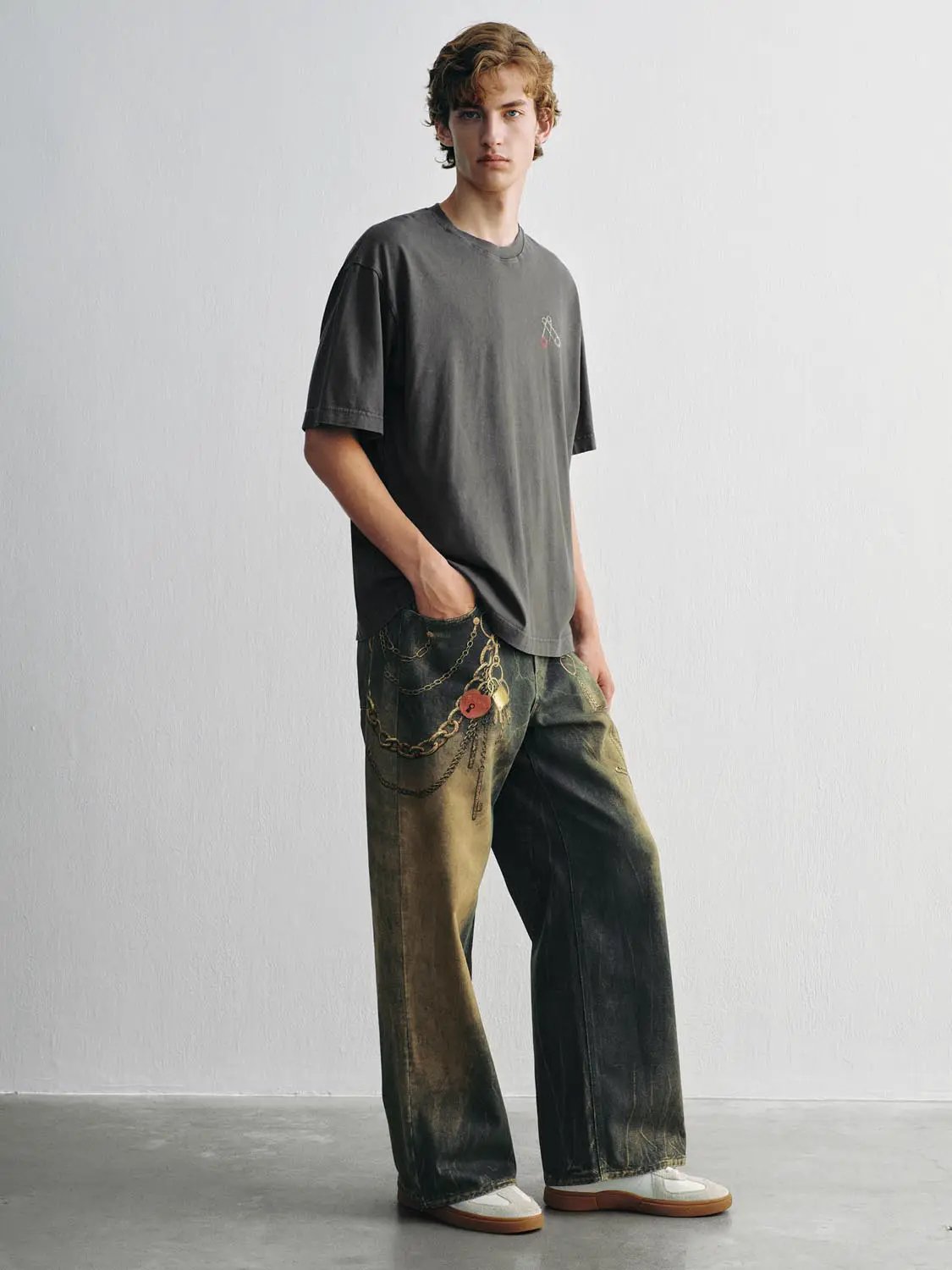 Chain Detail Gradient Wash Cotton Mid-rise Wide-leg Pants
