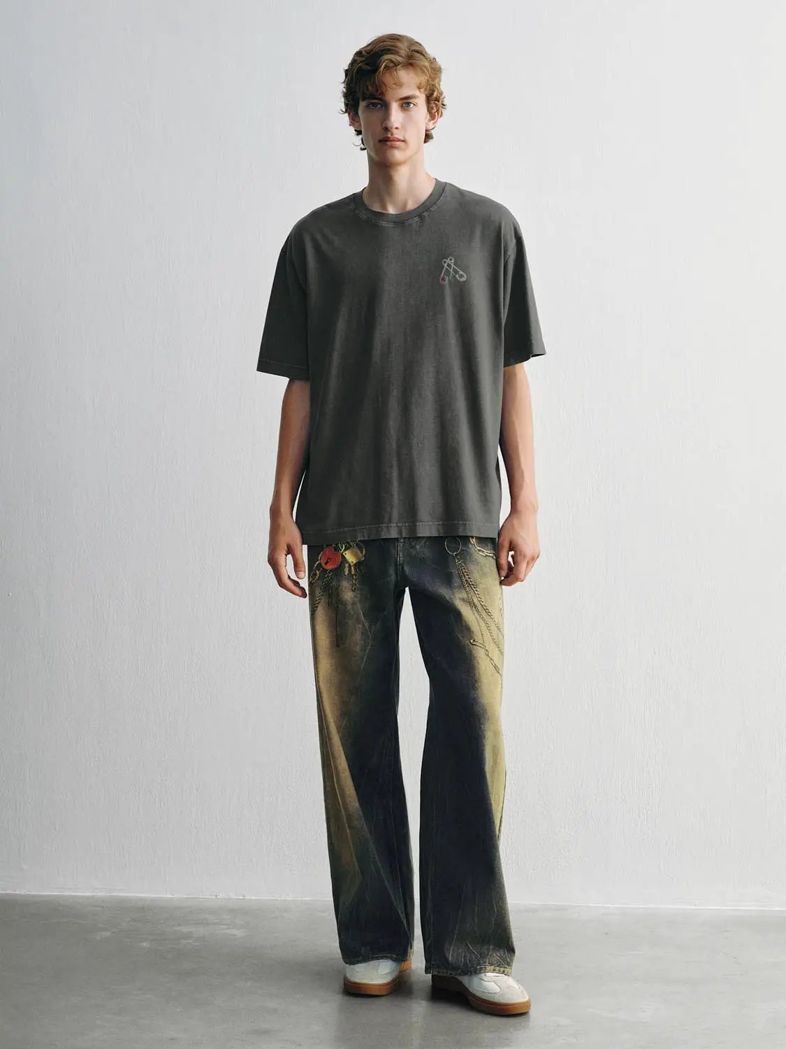 Chain Detail Gradient Wash Cotton Mid-rise Wide-leg Pants