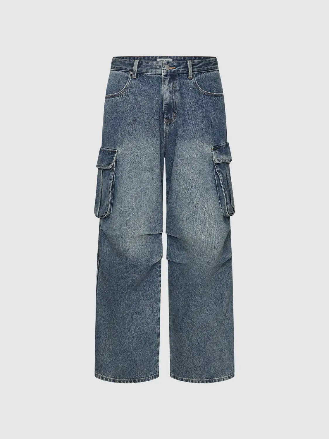 Washed Cargo Pocket Wide-leg Cotton Jeans
