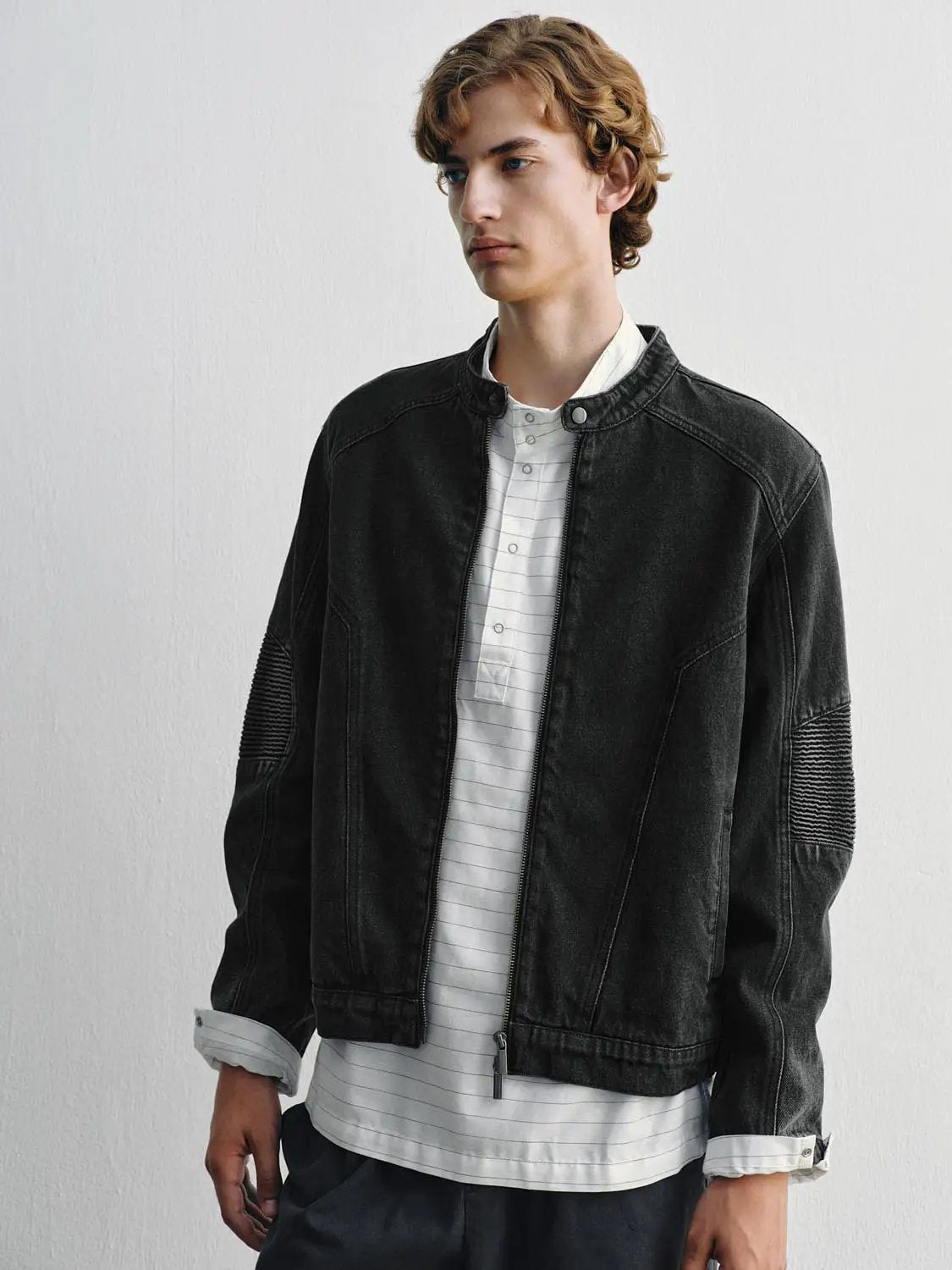 Zipper Front Ribbed Elbow Patch Long Sleeve Cotton Jacket