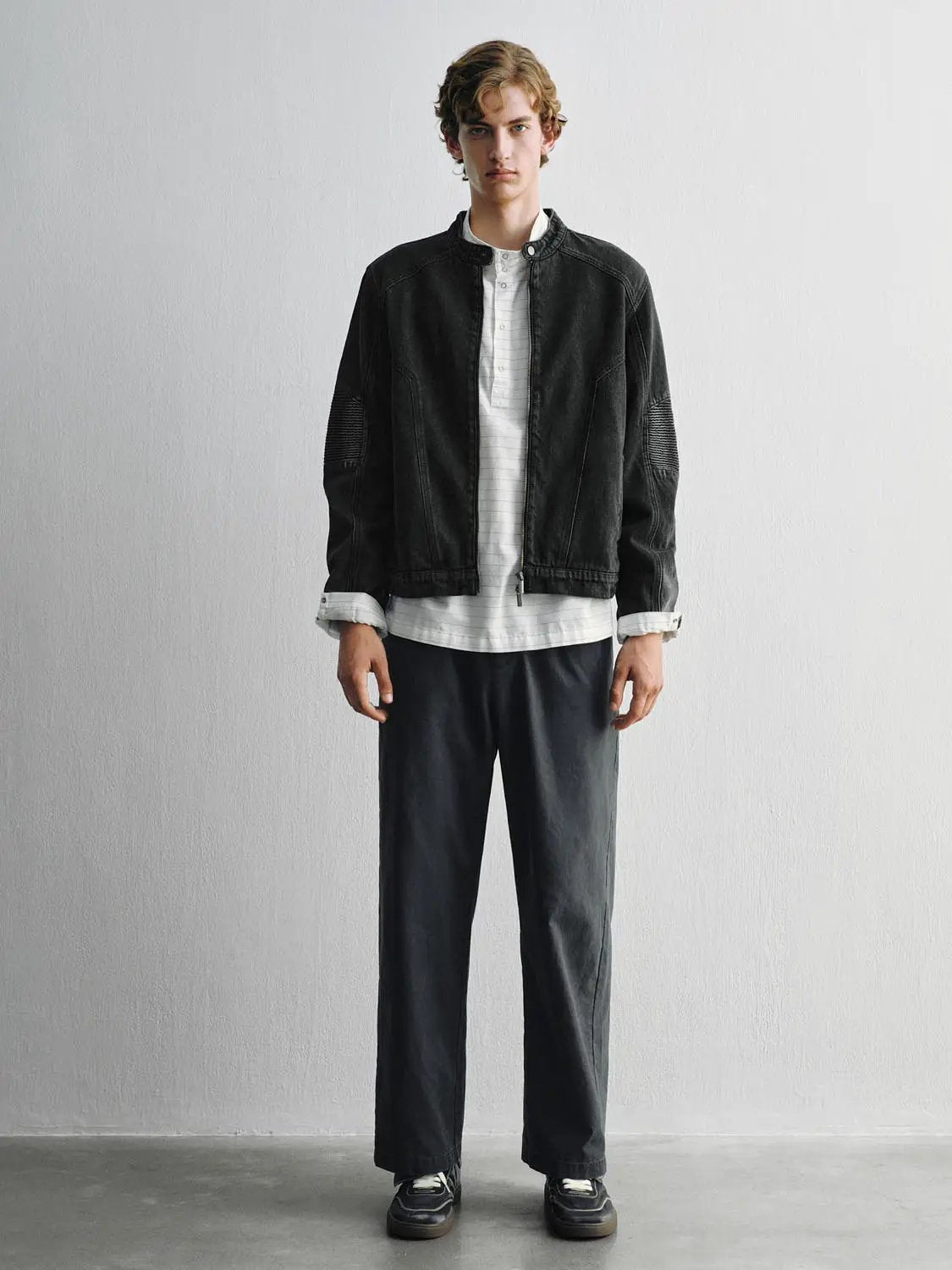 Zipper Front Ribbed Elbow Patch Long Sleeve Cotton Jacket